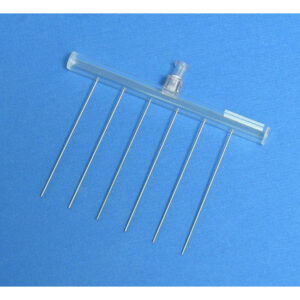 6 Channel Aspiration or Dispensing Manifold on 20 mm centers and 65 mm long for 24 Well Microplates, Polycarbonate Barrel