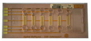 ECIS six channel flow chamber with 10 circular electrodes (0.49 sqr.mm total area) per channel. Lexan substrate. 0.66 mm channel height.