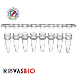 Thin Wall Clear 8-Strip PCR Tubes with 8-Strip Caps, Optically Clear Flat Caps, for qPCR, featuring recessed window