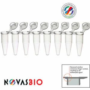 Thin Wall Clear 8-Strip PCR Tubes with Individual Optically Clear Flat Caps, for qPCR, featuring recessed window