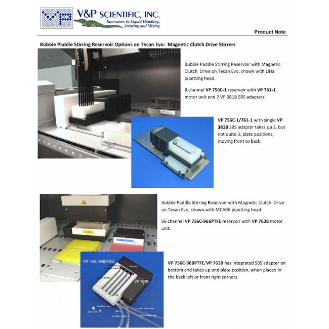 Suspension Reservoir for 96 Pipettes, PTF, 4 Magnetic Clutch Bubble Paddles, Sculpted Bottom, Inlet and Outlet Fittings, Max Capacity 200 ml, use with VP 763B Motor Drive Unit