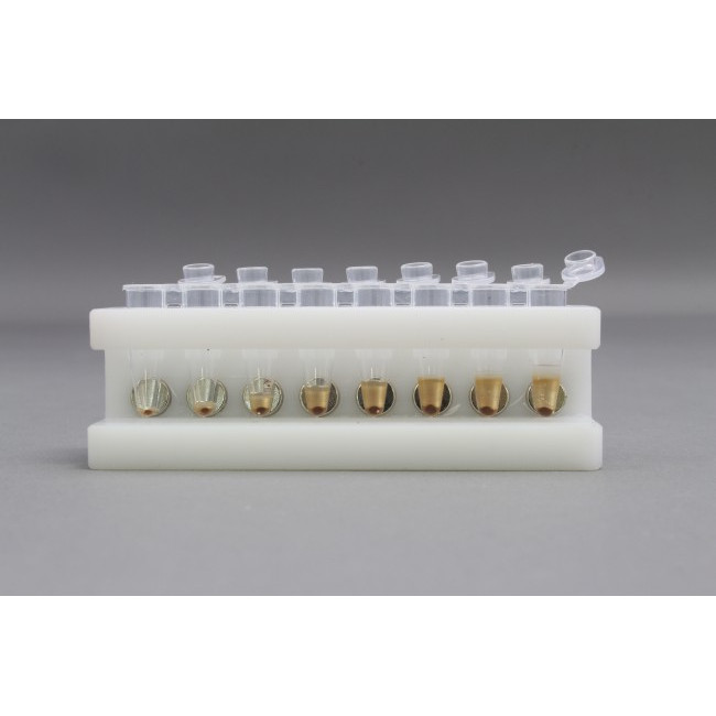 HDPE 8 place Magnetic Separation Rack for 0.2 ml PCR Tubes, with a 8 NdFeB Magnets 6.35 mm in Diameter, Pellet located 1/6 of the Way up the Tube