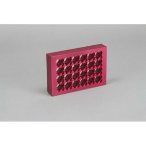 Aluminum Heat Block Insert for heating and mixing photoredox reactions on Tumble Stirrer, 24 tubes or vials 15mm diameter. SLAS footprint.