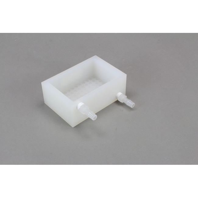 Polypropylene Reservoir with 96 Dimpled Bottom for 96 Robotic Pipettors, Thicker Walls, Max Capacity 170 ml, with Inlet and Outlet Fittings on the Long Axis, with SLAS Footprint x 48 mm Tall