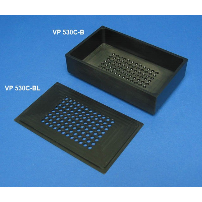 Black Polypropylene Reservoir with 96 Dimpled Bottom for 96 Robotic Pipettors, for Light Sensitive Reagents, Max Capacity 700 ml, Outside Top Dimensions are 190.3 mm by 115.3 mm and 54.3 mm tall with SLAS Footprint Bottom, Autoclavable